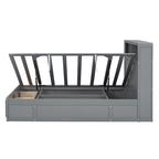 Lit double en bois gris avec tête de lit LED, station de charge, 2 tiroirs