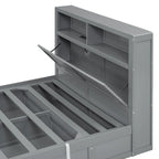 Lit double en bois gris avec tête de lit LED, station de charge, 2 tiroirs