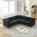 Canapé d'angle Chesterfield en velours noir de 82,2 po pour 5 personnes avec clous décoratifs et coussins touffetés