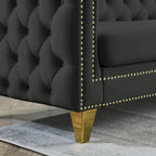 Canapé d'angle Chesterfield en velours noir de 82,2 po pour 5 personnes avec clous décoratifs et coussins touffetés