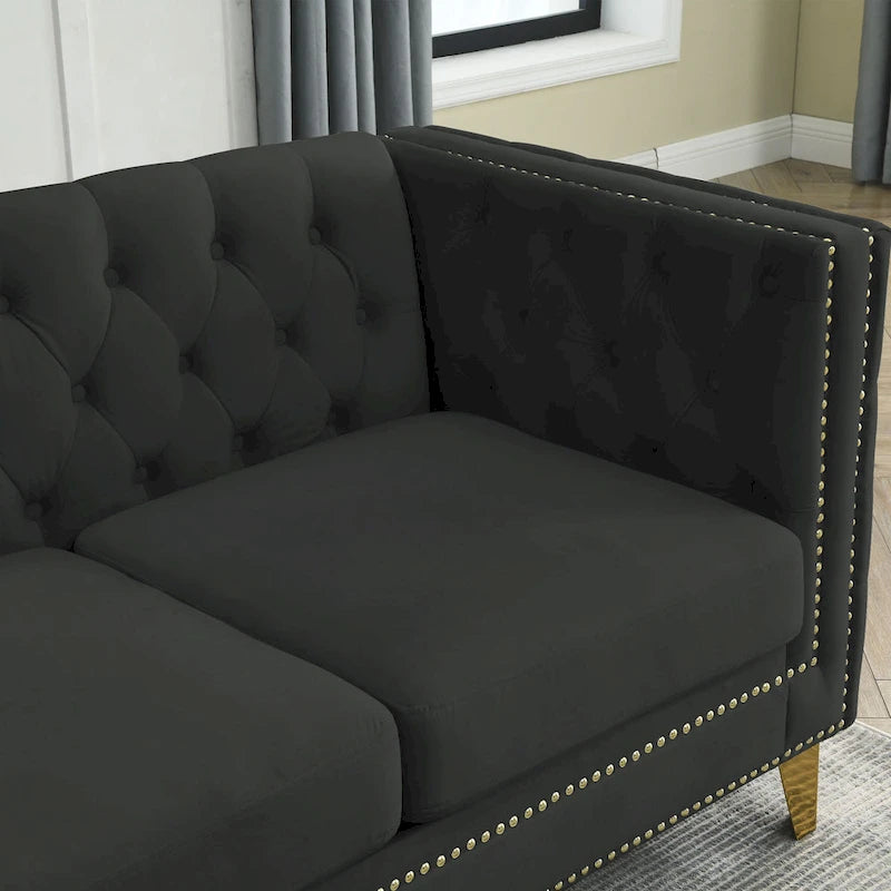 Canapé d'angle Chesterfield en velours noir de 82,2 po pour 5 personnes avec clous décoratifs et coussins touffetés