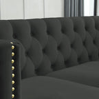 Canapé d'angle Chesterfield en velours noir de 82,2 po pour 5 personnes avec clous décoratifs et coussins touffetés