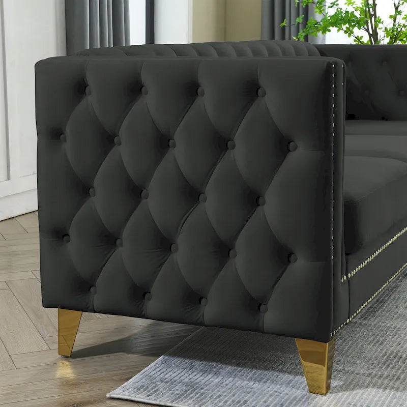 Canapé d'angle Chesterfield en velours noir de 82,2 po pour 5 personnes avec clous décoratifs et coussins touffetés