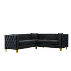 Canapé d'angle Chesterfield en velours noir de 82,2 po pour 5 personnes avec clous décoratifs et coussins touffetés