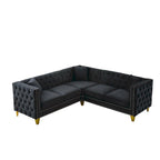 Canapé d'angle Chesterfield en velours noir de 82,2 po pour 5 personnes avec clous décoratifs et coussins touffetés