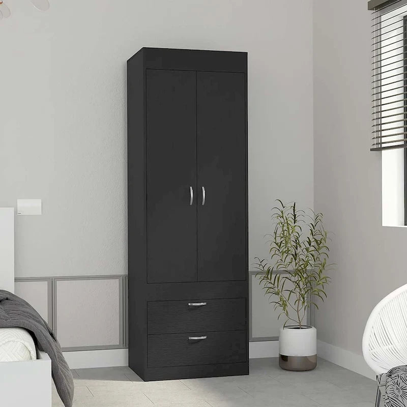 18.9 Armoire double moderne avec deux tiroirs inférieurs et une tringle de penderie pour chambre à coucher
