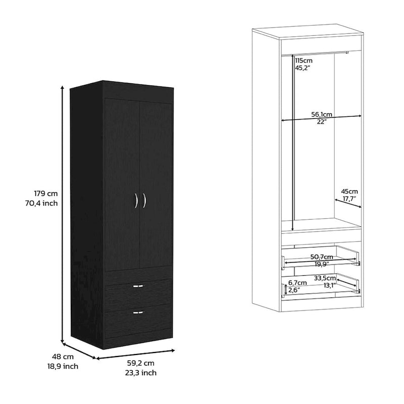 18.9 Armoire double moderne avec deux tiroirs inférieurs et une tringle de penderie pour chambre à coucher