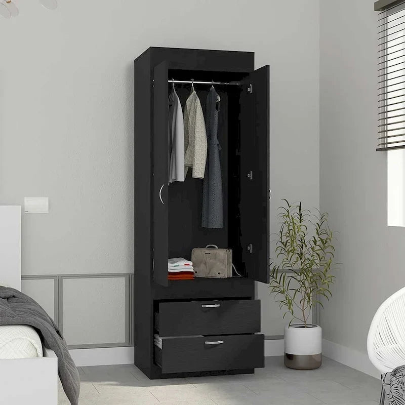 18.9 Armoire double moderne avec deux tiroirs inférieurs et une tringle de penderie pour chambre à coucher