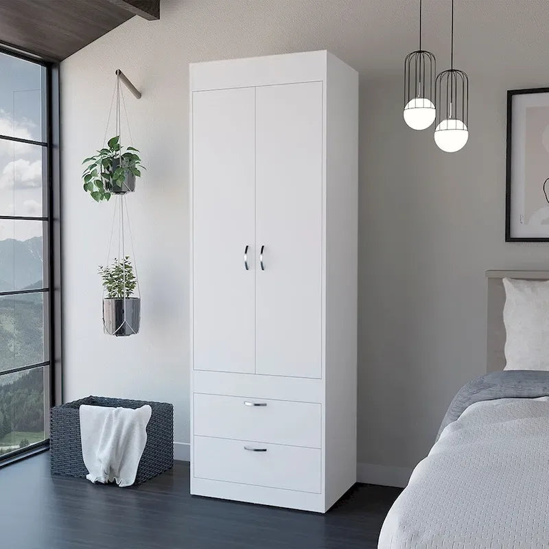 18.9 Armoire double moderne avec deux tiroirs inférieurs et une tringle de penderie pour chambre à coucher