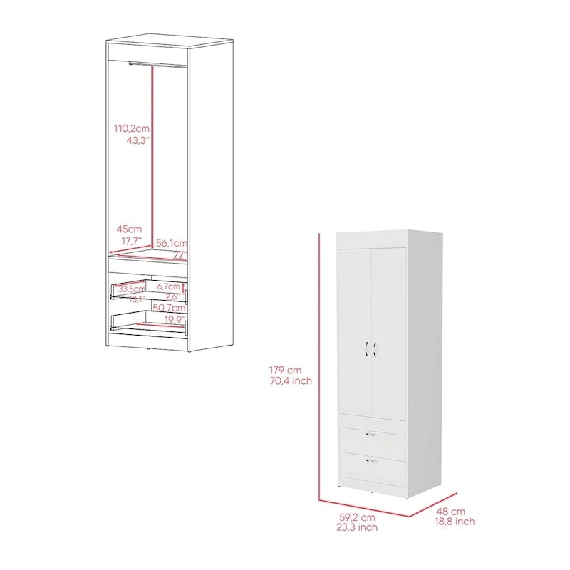 18.9 Armoire double moderne avec deux tiroirs inférieurs et une tringle de penderie pour chambre à coucher
