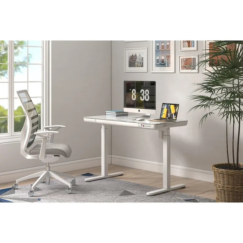 KOWO Bureau électrique debout en verre de 48 pouces avec plateau en verre trempé, poste de travail assis-debout à hauteur réglable pour bureau moderne