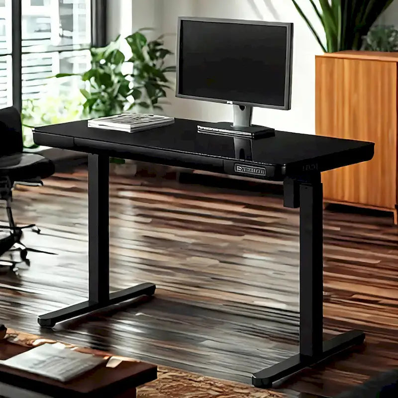 KOWO Bureau électrique debout en verre de 48 pouces avec plateau en verre trempé, poste de travail assis-debout à hauteur réglable pour bureau moderne