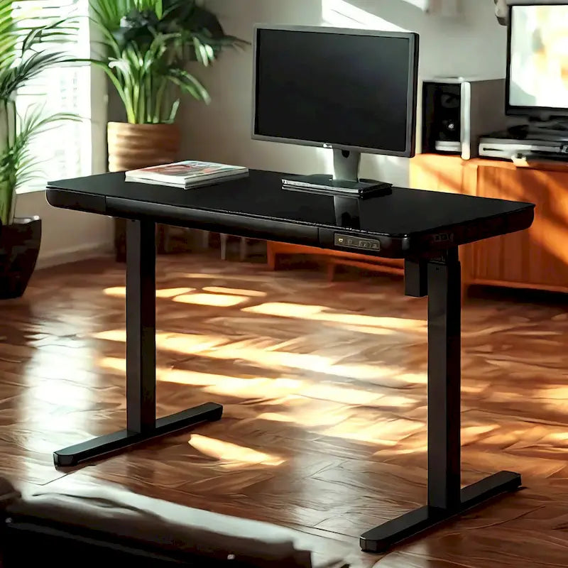 KOWO Bureau électrique debout en verre de 48 pouces avec plateau en verre trempé, poste de travail assis-debout à hauteur réglable pour bureau moderne