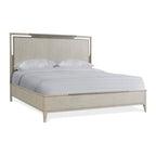 Ensemble de chambre à coucher en bois massif Mantalia, lit à panneaux, commode, miroir, 2 tables de chevet et banc, champagne