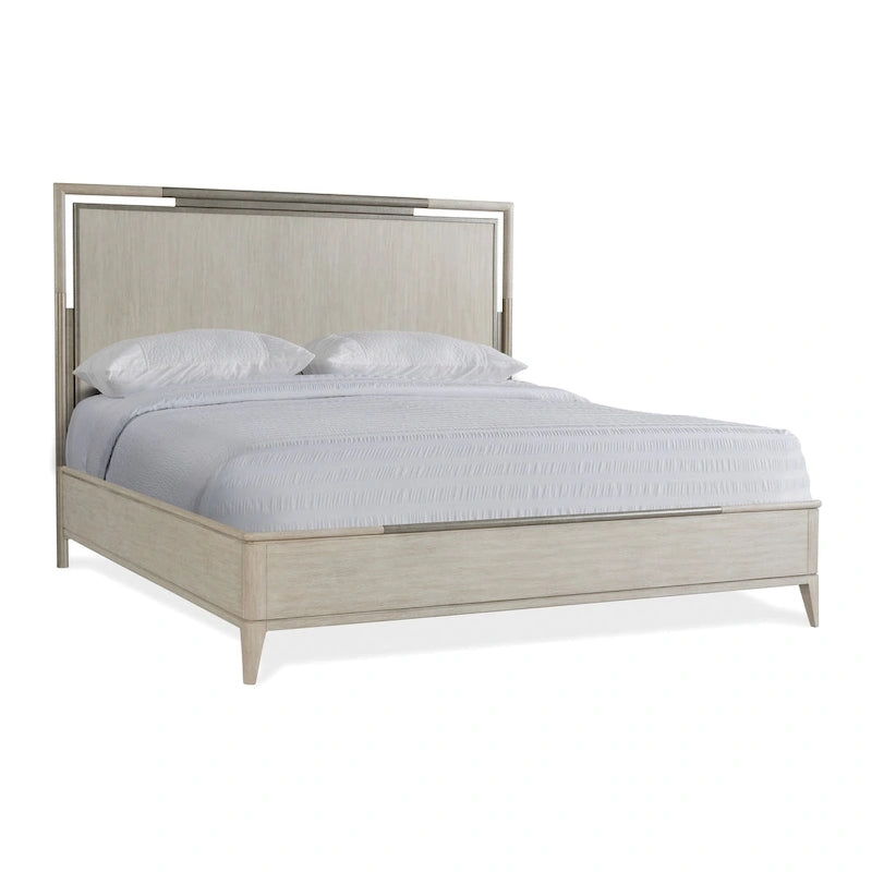 Ensemble de chambre à coucher en bois massif Mantalia, lit à panneaux, commode, miroir, 2 tables de chevet et banc, champagne