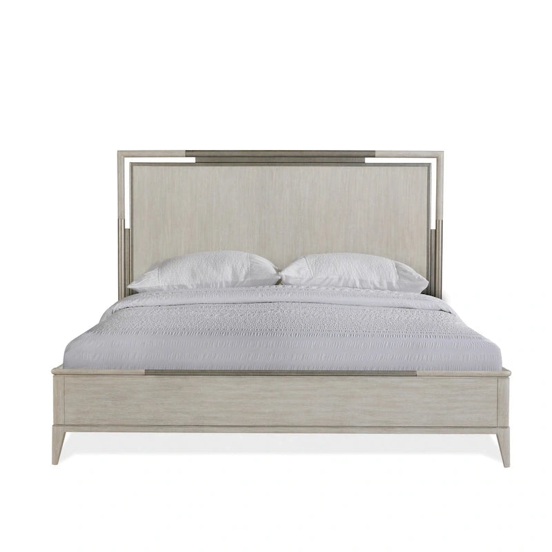 Ensemble de chambre à coucher en bois massif Mantalia, lit à panneaux, commode, miroir, 2 tables de chevet et banc, champagne