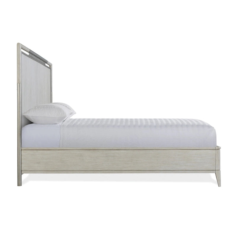 Ensemble de chambre à coucher en bois massif Mantalia, lit à panneaux, commode, miroir, 2 tables de chevet et banc, champagne