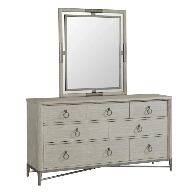 Ensemble de chambre à coucher en bois massif Mantalia, lit à panneaux, commode, miroir, 2 tables de chevet et banc, champagne