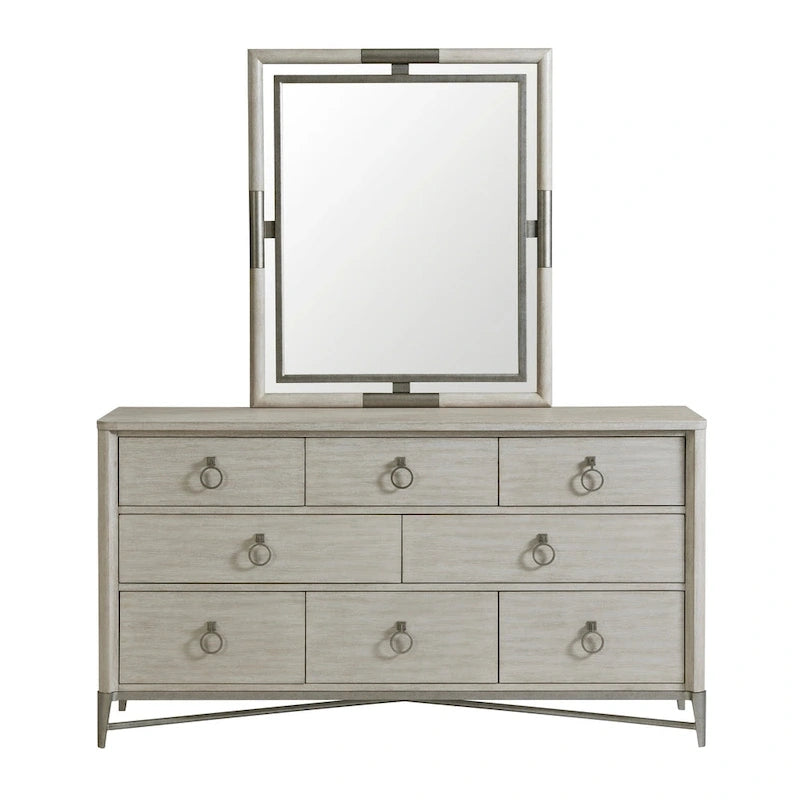 Ensemble de chambre à coucher en bois massif Mantalia, lit à panneaux, commode, miroir, 2 tables de chevet et banc, champagne
