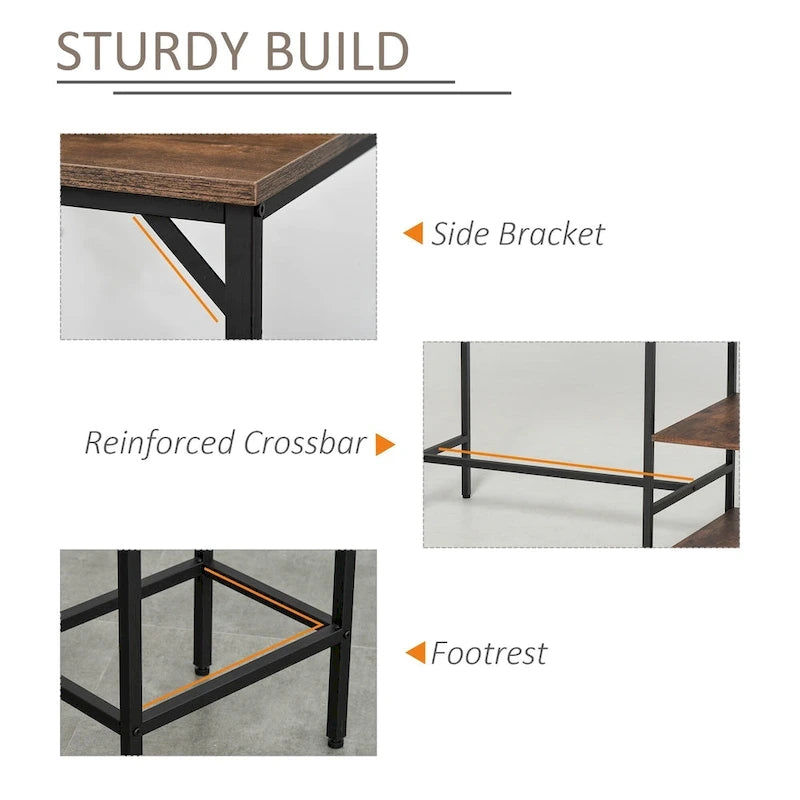 HOMCOM 3 Piece Kitchen Bar Table and Chairs with Storage Shelf, Dining Room Industrial Pub Desk and Stools, Rustic Brown