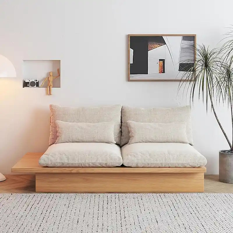 Canapé JASIWAY en coton lin beige avec cadre en bois