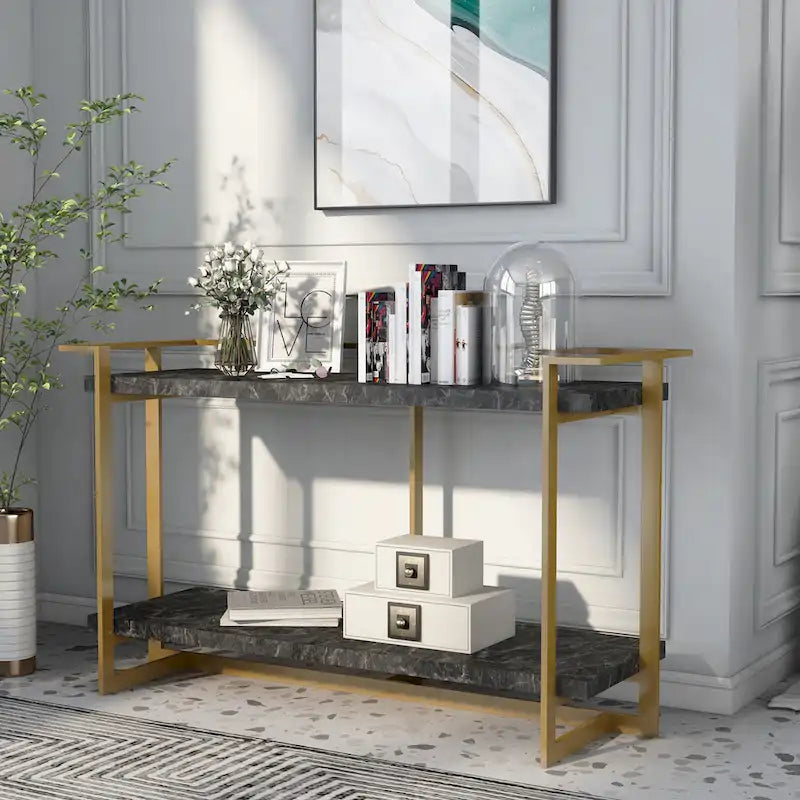 Lovell Glam Gold and Black 51-inch Faux Marble 1-Shelf Sofa Table by 