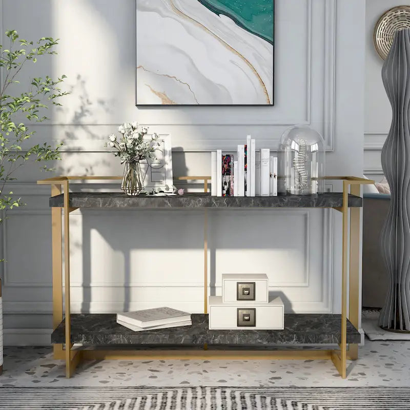 Table de canapé Lovell Glam en simili-marbre or et noir à 1 étagère de 51 po par