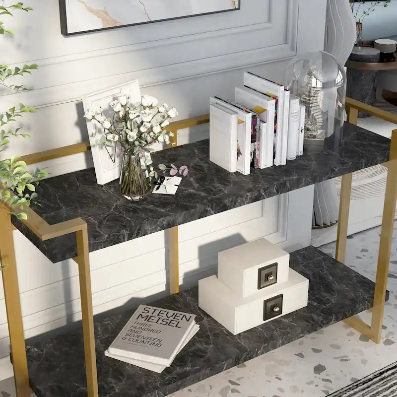 Table de canapé Lovell Glam en simili-marbre or et noir à 1 étagère de 51 po par