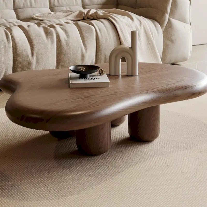 Table basse moderne en noyer en forme de nuage de 48,4 pouces, table basse en bois massif marron de style Mid-Century pour salon - 48