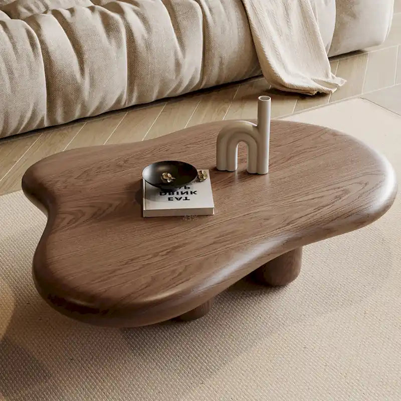 Table basse moderne en noyer en forme de nuage de 48,4 pouces, table basse en bois massif marron de style Mid-Century pour salon - 48