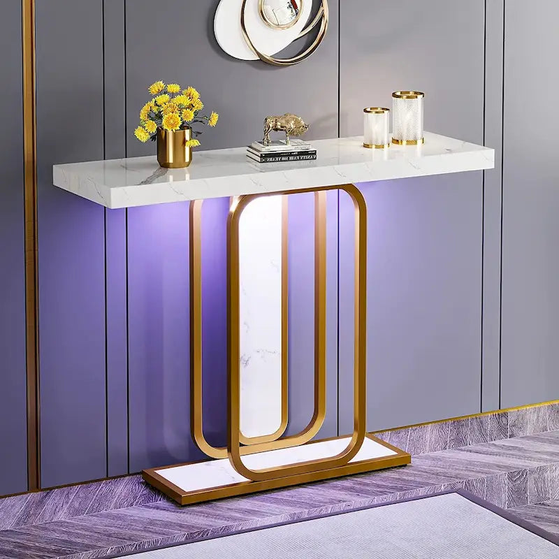 41.3 Table Console avec LED, Table d'Appoint Moderne Or Blanc pour Entrée Couloir