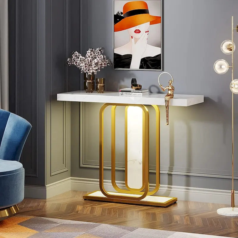 41.3 Table Console avec LED, Table d'Appoint Moderne Or Blanc pour Entrée Couloir