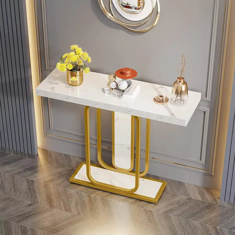 41.3 Table Console avec LED, Table d'Appoint Moderne Or Blanc pour Entrée Couloir