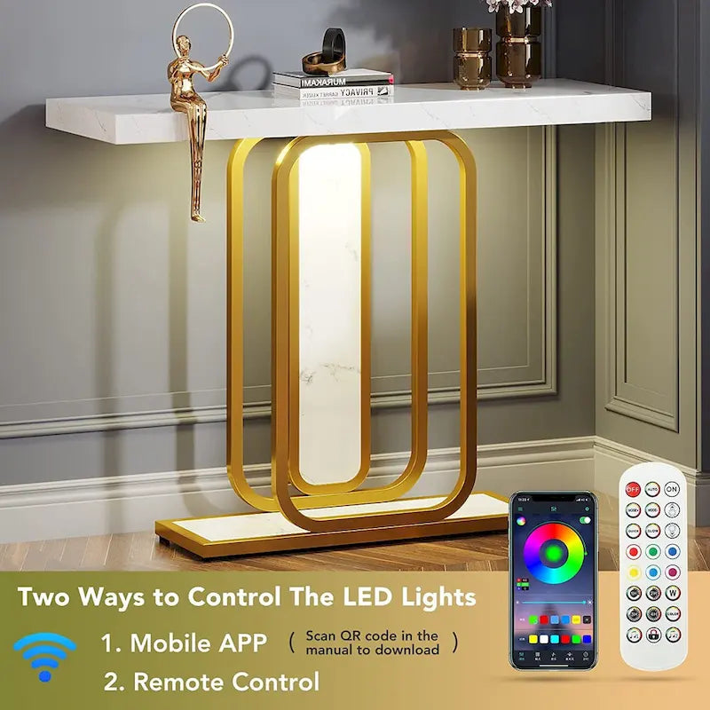 41.3 Table Console avec LED, Table d'Appoint Moderne Or Blanc pour Entrée Couloir