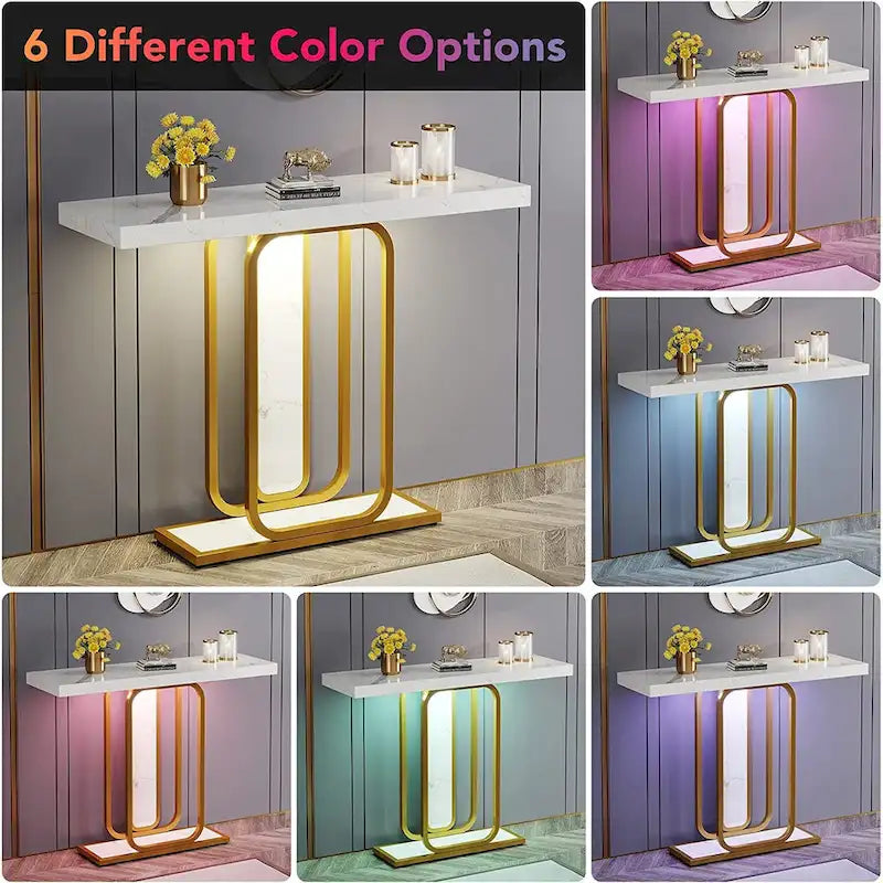 41.3 Table Console avec LED, Table d'Appoint Moderne Or Blanc pour Entrée Couloir