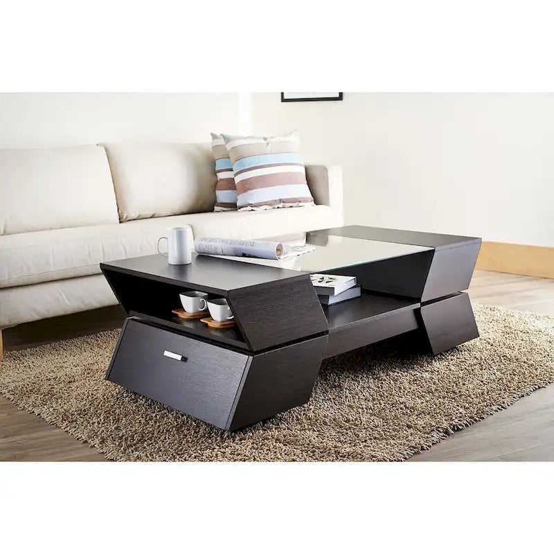 Table basse Anjin Enzo contemporaine avec plateau en verre, incrustation bicolore et 1 étagère, 119,4 cm, par