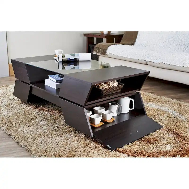Table basse Anjin Enzo contemporaine avec plateau en verre, incrustation bicolore et 1 étagère, 119,4 cm, par