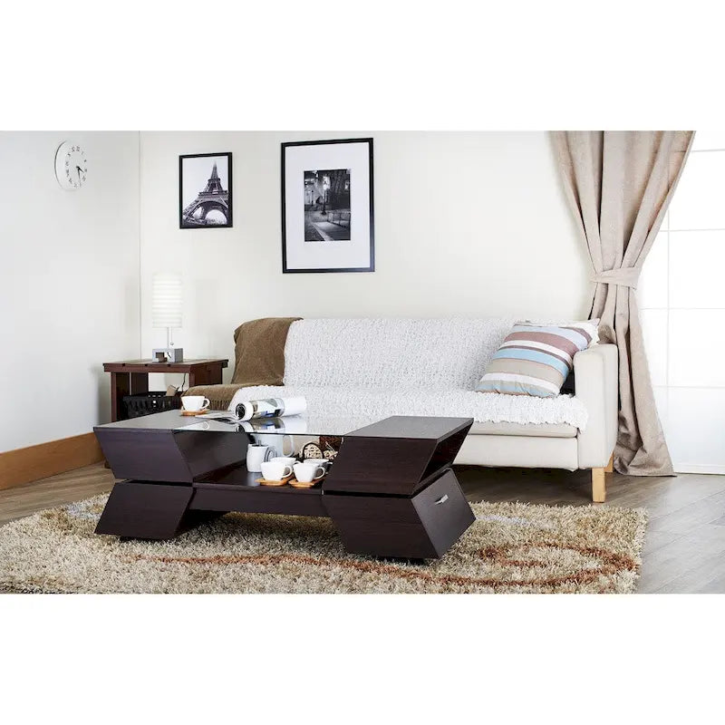 Table basse Anjin Enzo contemporaine avec plateau en verre, incrustation bicolore et 1 étagère, 119,4 cm, par