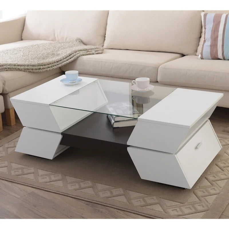 Table basse Anjin Enzo contemporaine avec plateau en verre, incrustation bicolore et 1 étagère, 119,4 cm, par