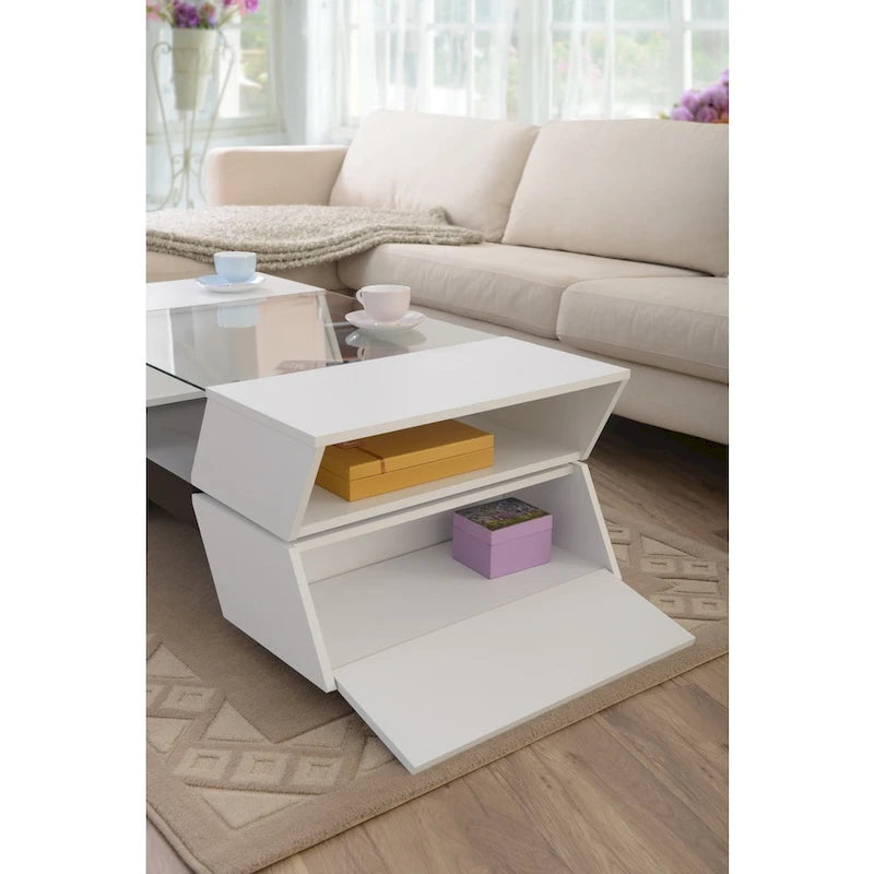 Table basse Anjin Enzo contemporaine avec plateau en verre, incrustation bicolore et 1 étagère, 119,4 cm, par
