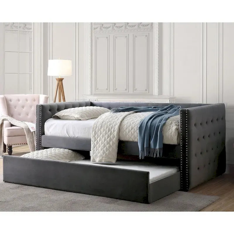 Lit de repos capitonné 2 pièces Mokatsi Glam avec lit gigogne