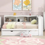 Lit de repos double avec lit gigogne, armoires de rangement et ports USB, blanc