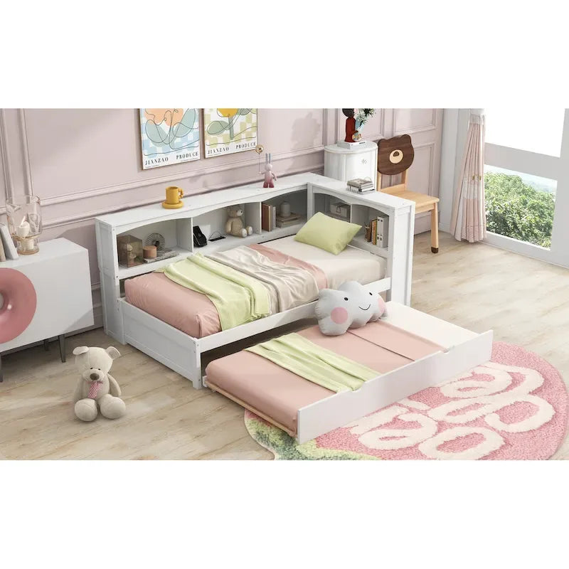 Lit de repos double avec lit gigogne, armoires de rangement et ports USB, blanc