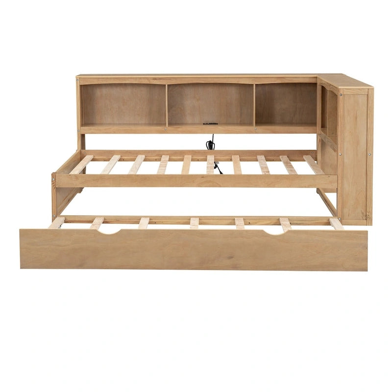Lit de repos double avec lit gigogne, armoires de rangement et ports USB, blanc