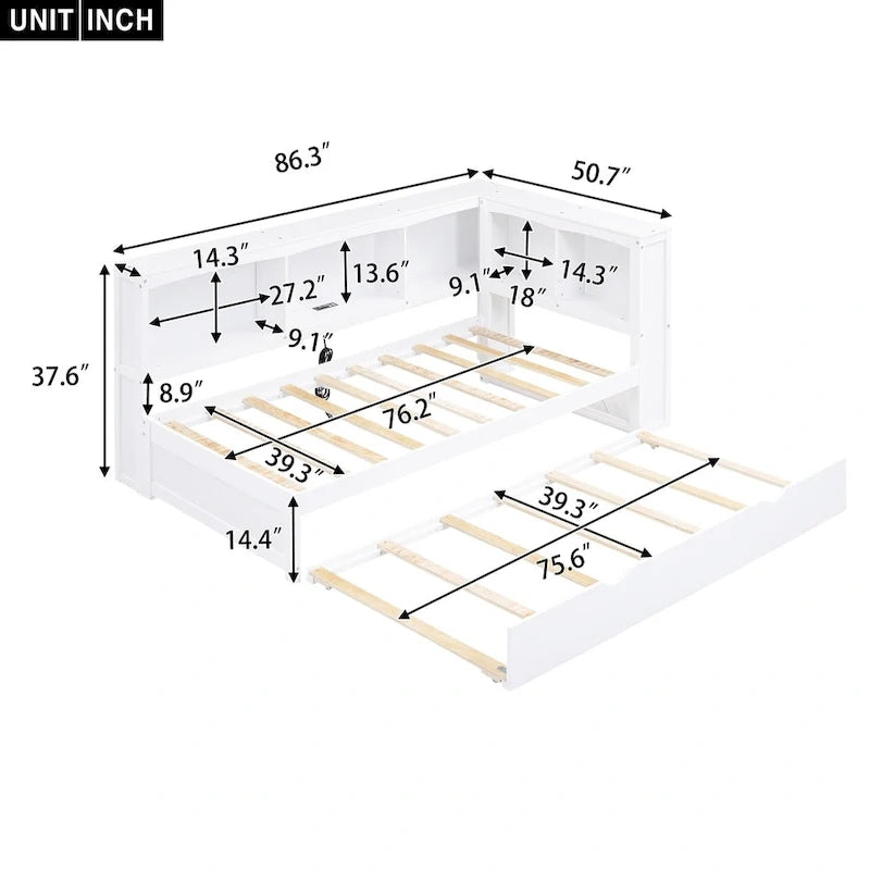 Lit de repos double avec lit gigogne, armoires de rangement et ports USB, blanc