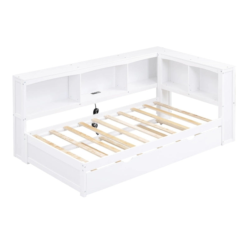 Lit de repos double avec lit gigogne, armoires de rangement et ports USB, blanc
