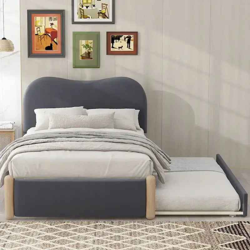 Lit plateforme capitonné double avec pieds de support en bois et lit gigogne double, gris