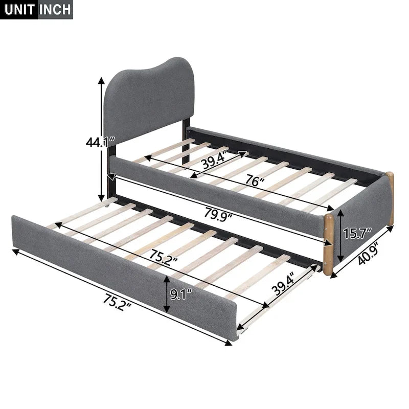 Lit plateforme capitonné double avec pieds de support en bois et lit gigogne double, gris
