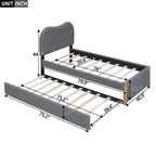 Lit plateforme capitonné double avec pieds de support en bois et lit gigogne double, gris