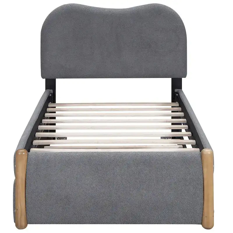 Lit plateforme capitonné double avec pieds de support en bois et lit gigogne double, gris
